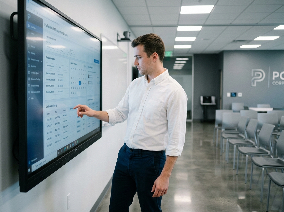 Formateur naviguant sur un logiciel digital de gestion des formations professionnelles sur écran interactif en salle de formation