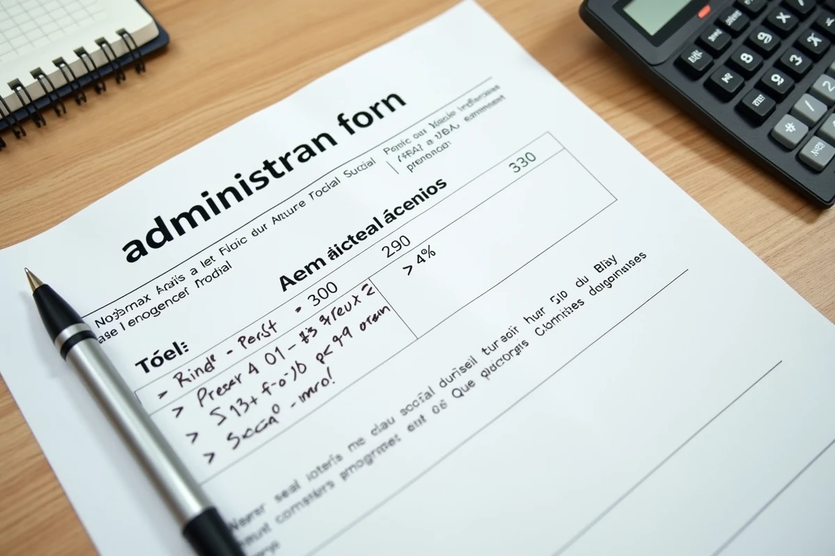 Formulaire administratif ACRE, calculatrice et notes manuscrites sur les charges sociales auto-entrepreneur posés sur un bureau