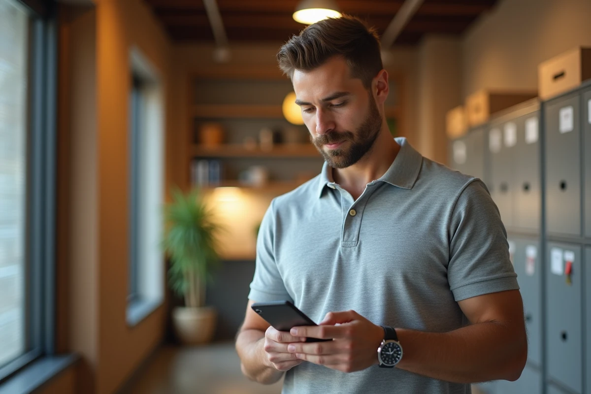 Professionnel gérant son agenda et ses rendez-vous en ligne depuis une application mobile sur smartphone dans un bureau