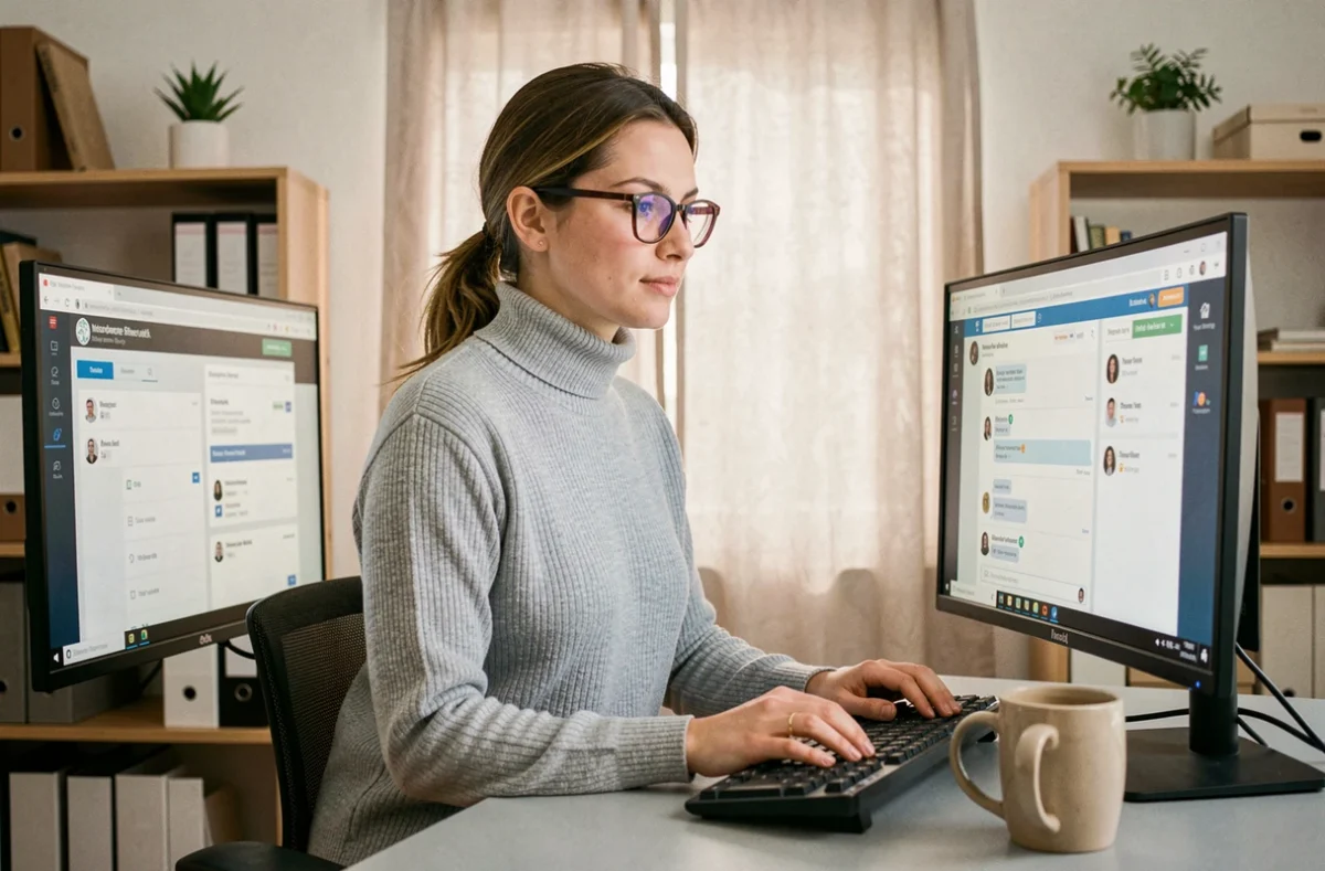Professionnelle de l'assurance gérant la relation client en ligne via l'extranet AXA depuis un bureau à domicile