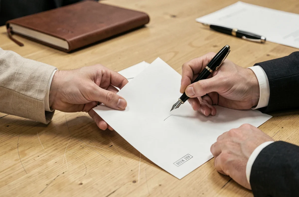 Gros plan sur la remise d'une enveloppe cachetée et la signature d'un document de preuve lors d'un échange formel