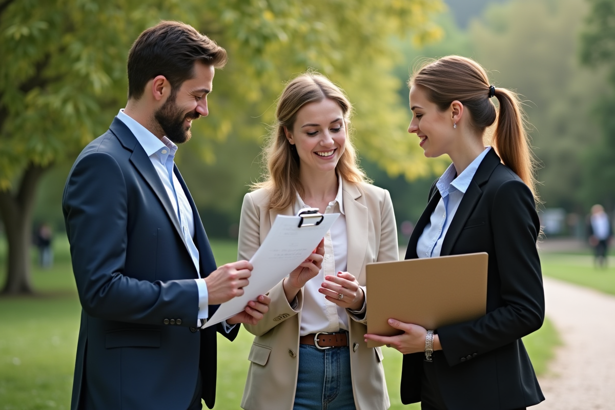 Groupe de professionnels discutant en extérieur dans un parc