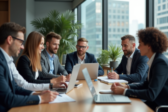 Groupe de professionnels en réunion dans un bureau moderne