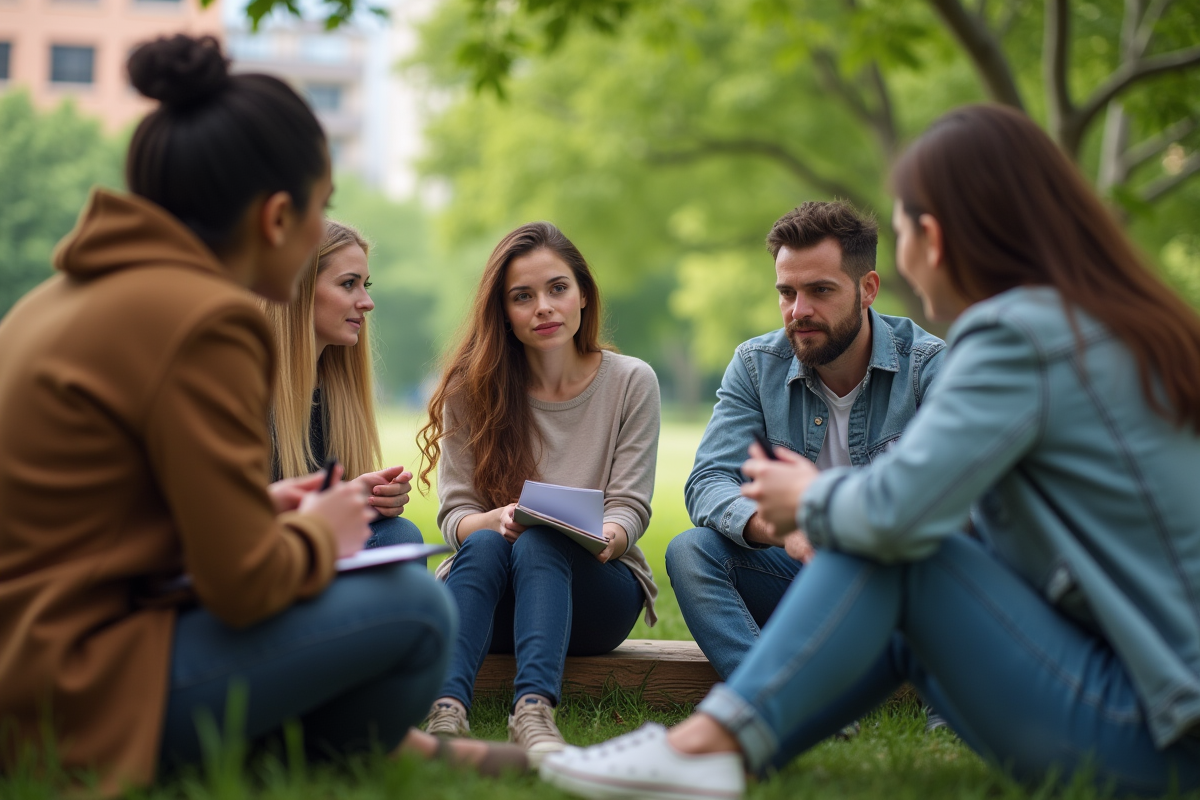 Jeunes professionnels discutant en plein air dans un parc