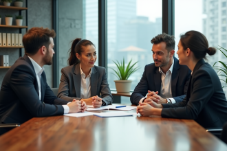 Groupe de professionnels en réunion dans une salle moderne