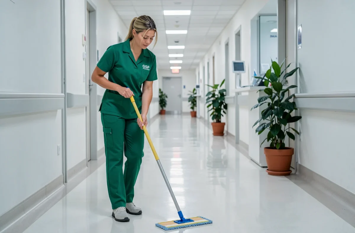 Agente GSF Propreté utilisant un système de lavage codé couleur dans un couloir de clinique à Cannes