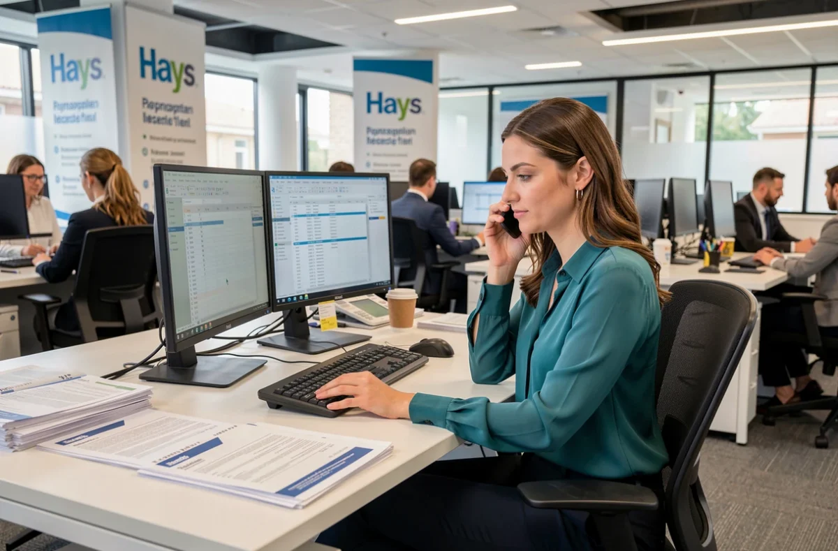 Recruteuse généraliste Hays Montpellier multitâchant entre appels téléphoniques et gestion de dossiers candidats dans un open space professionnel