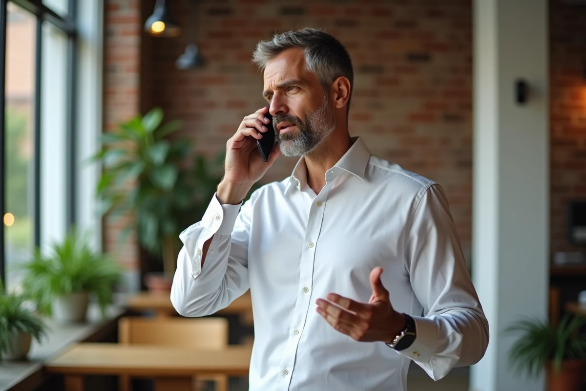 Homme d'affaires en chemise blanche passant un appel commercial sur smartphone dans un espace de coworking