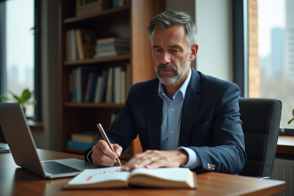 Homme d'affaires concentré sur ses investissements dans un bureau