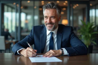 Homme d'affaires en costume bleu signe un contrat