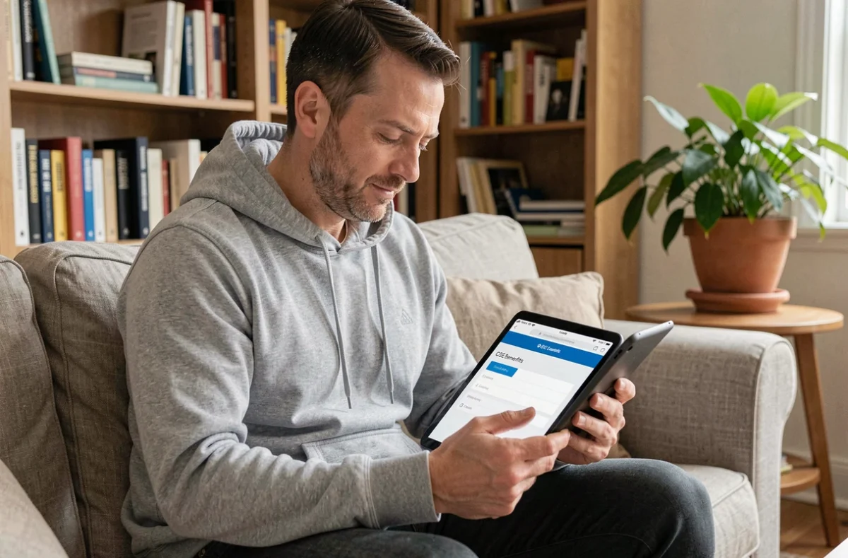 Homme consultant ses avantages CSE sur une tablette depuis son canapé à la maison
