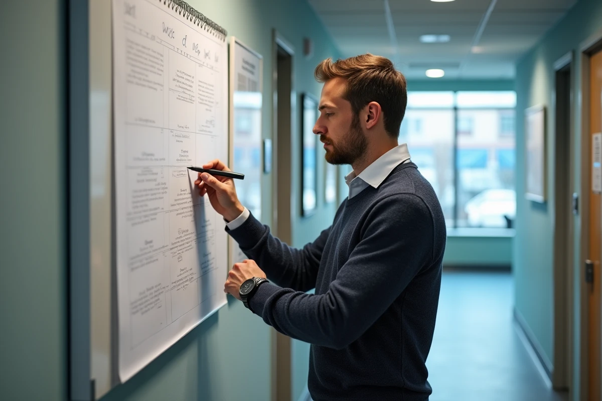 Homme vérifiant la date sur un calendrier dans un couloir