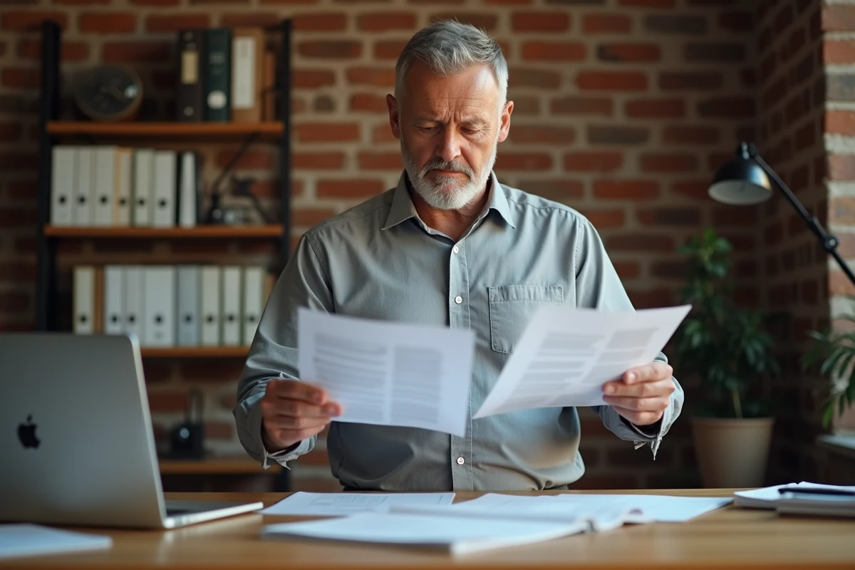 Homme comparant deux contrats CDI et CDD 39h dans un bureau à domicile
