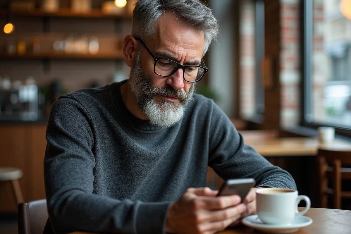 Homme d'affaires lisant son fil LinkedIn sur smartphone dans un café, réfléchissant à l'impact du texte en gras pour mettre en valeur ses idées