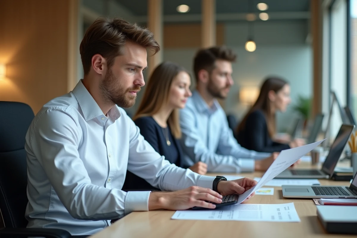 Homme vérifiant une fiche de paie au bureau