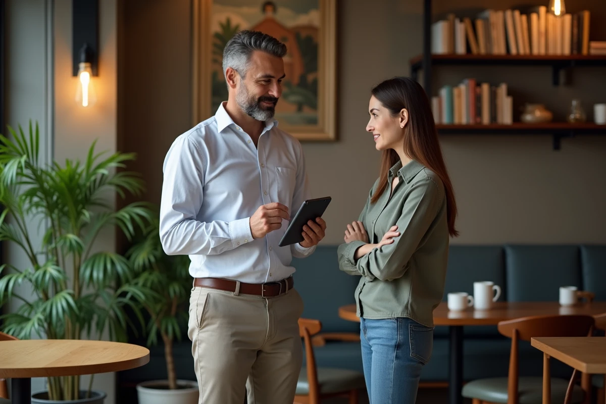 Homme avec tablette dans un café convivial