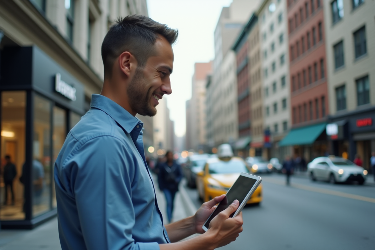 Jeune homme professionnel regarde une vidéo sur sa tablette en ville