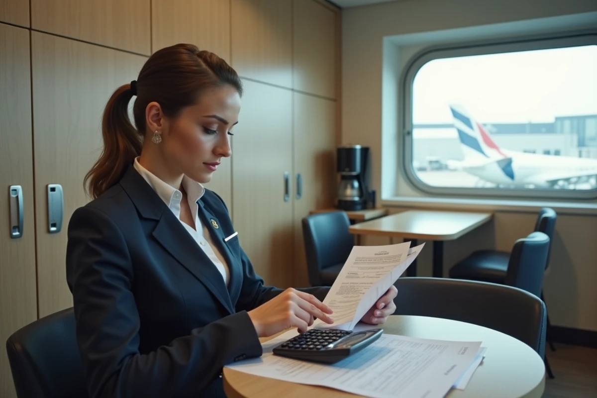 Hôtesse de l'air consultant des fiches de paie et un calculateur dans un salon d'équipage d'aéroport