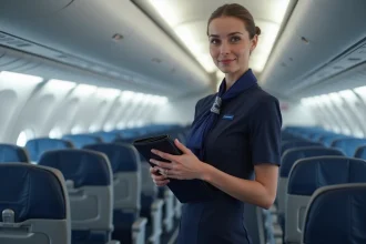Hôtesse de l'air en uniforme bleu marine debout dans l'allée d'un avion commercial, tenant un dossier professionnel