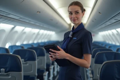Hôtesse de l'air en uniforme bleu marine debout dans l'allée d'un avion commercial, tenant un dossier professionnel