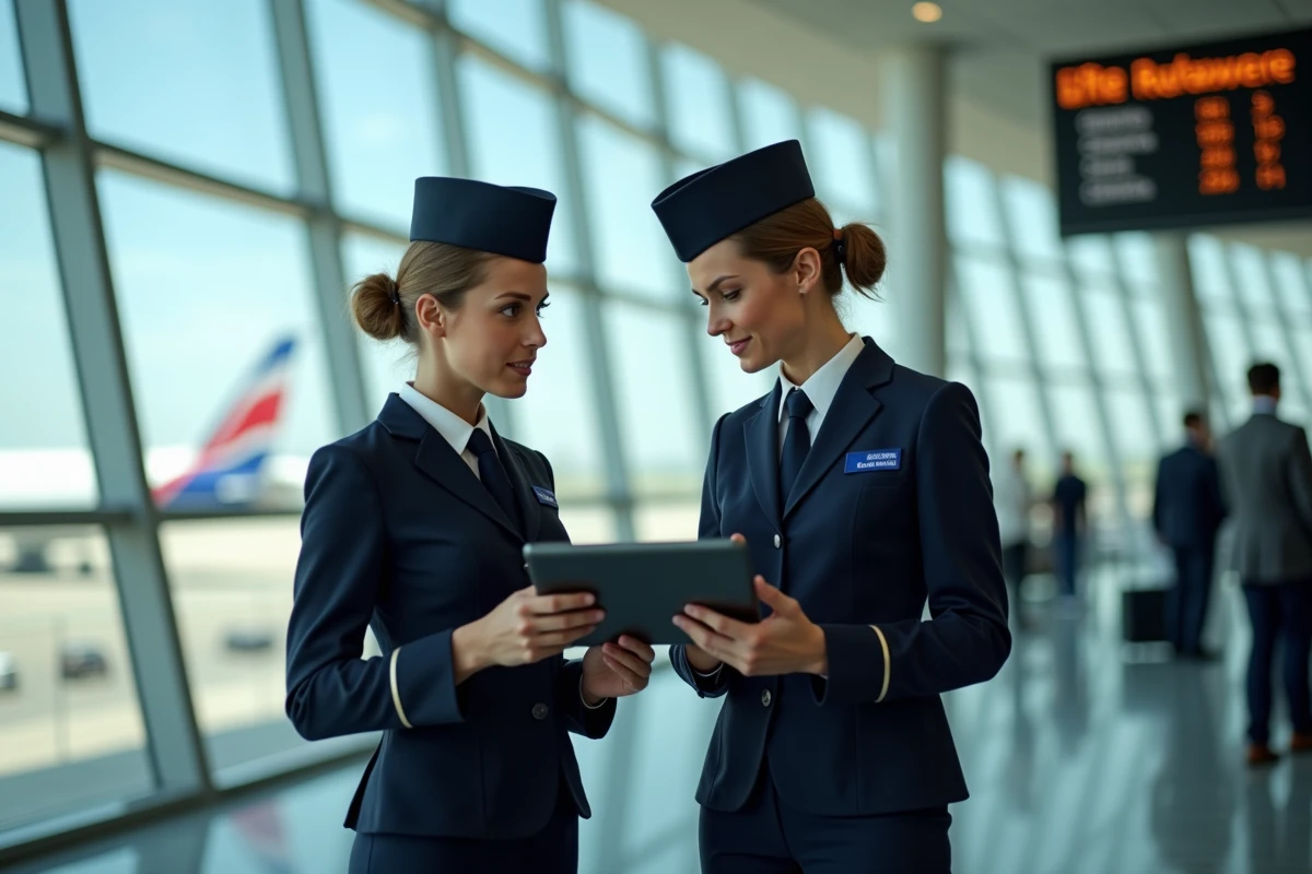 Deux hôtesses de l'air en uniforme discutant près d'une passerelle d'embarquement dans un aéroport international