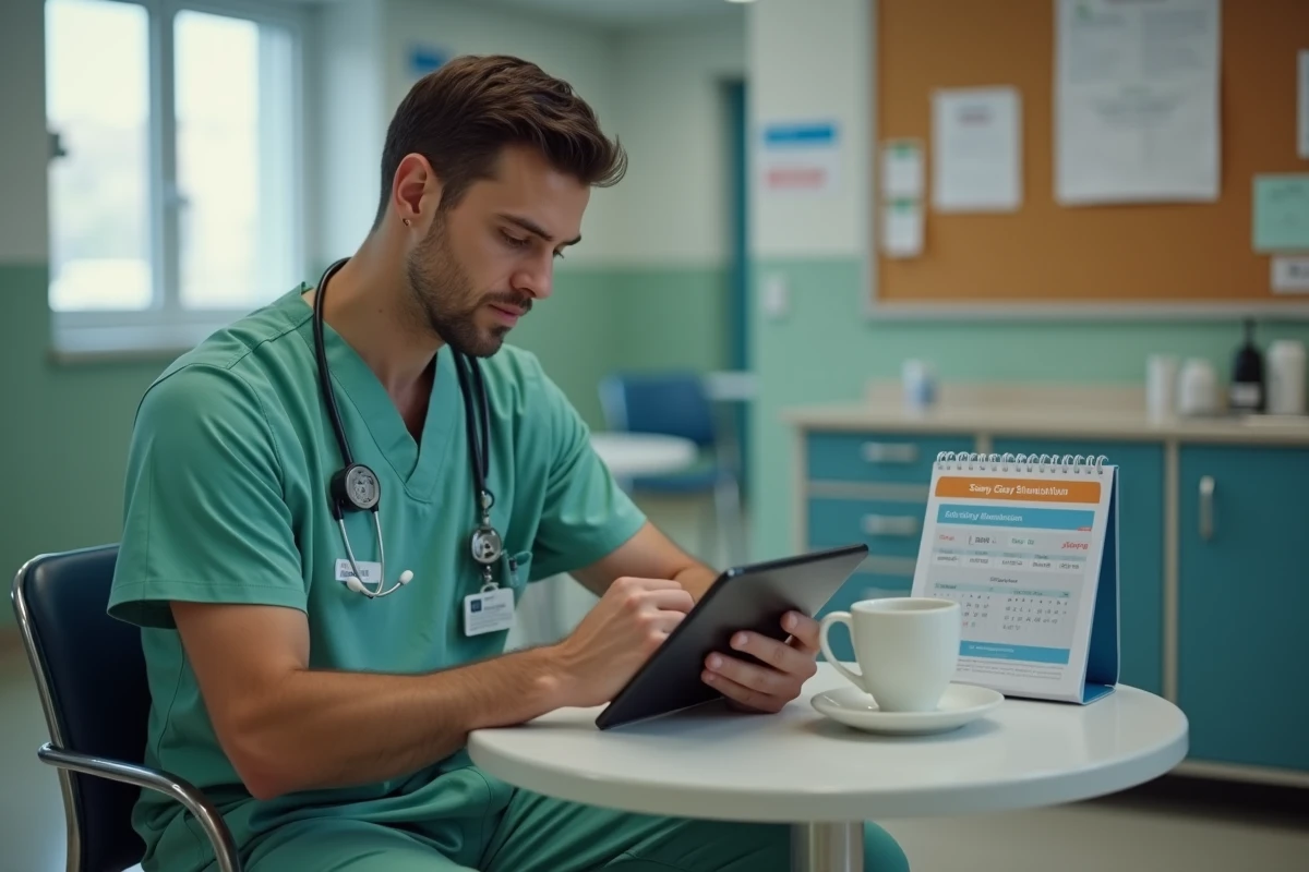 Infirmier consultant un simulateur de salaire CCN 51 sur tablette pendant sa pause dans un hôpital
