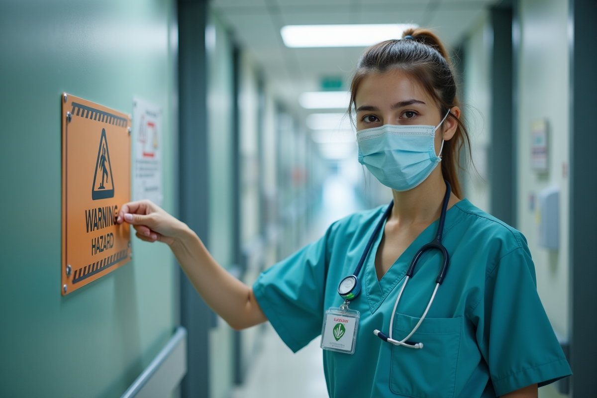 Infirmière pointant un panneau de sécurité dans un hôpital