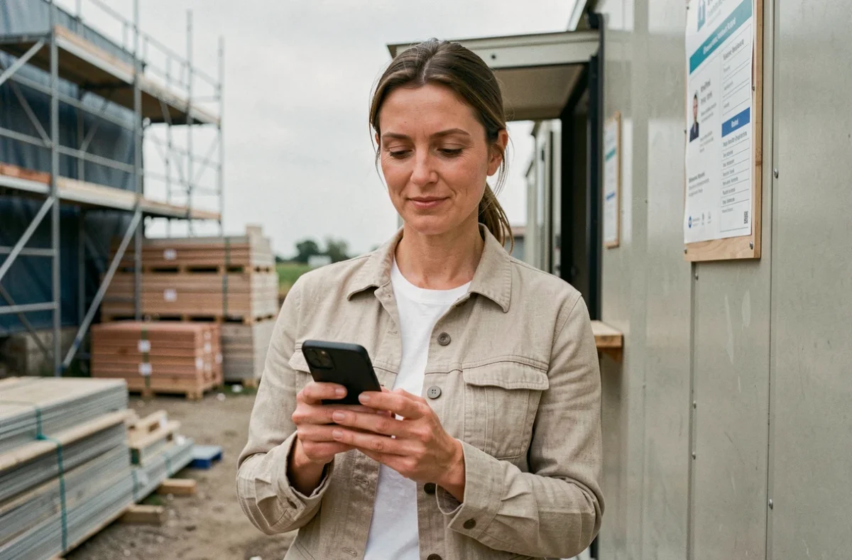 Professionnelle du bâtiment complétant son inscription sur Proxichantier depuis un chantier avec son smartphone