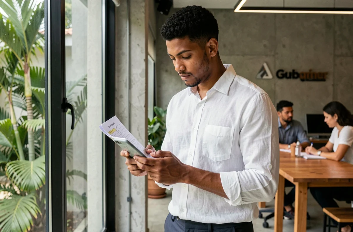 Jeune entrepreneur mahorais consultant une checklist dans un espace de coworking moderne avant un rendez-vous avec un conseiller business