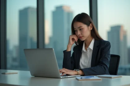Jeune femme au bureau regardant son ordinateur