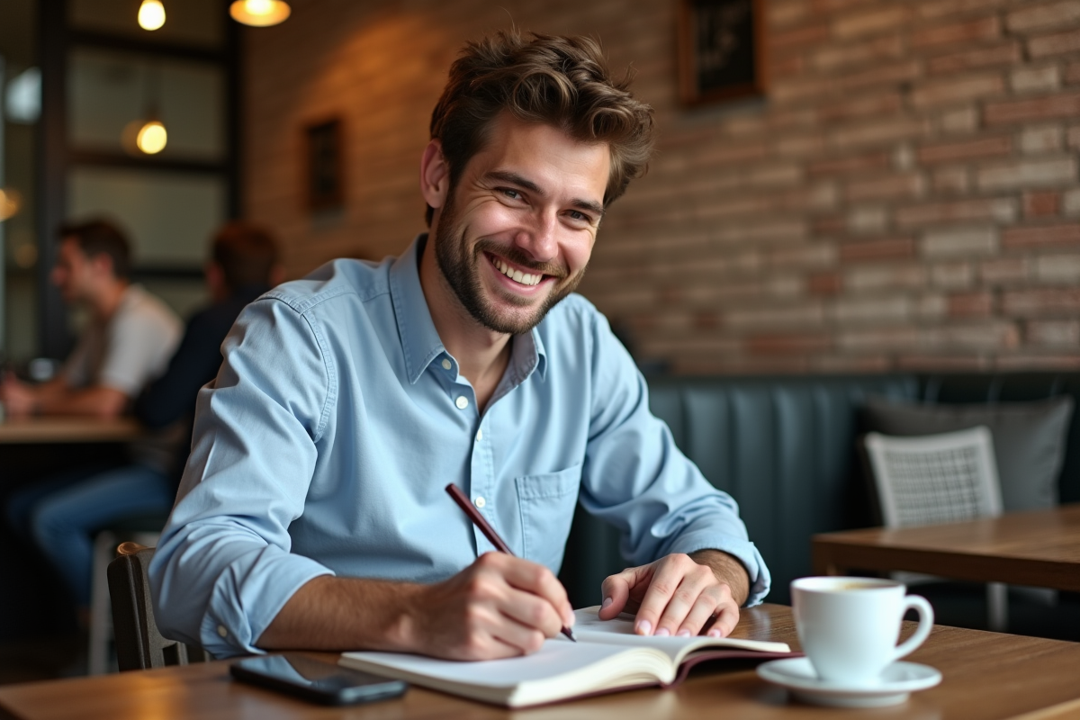 Jeune homme au café prenant des notes avec sourire
