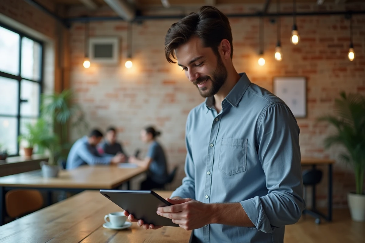 Jeune homme utilisant une tablette dans un espace de coworking