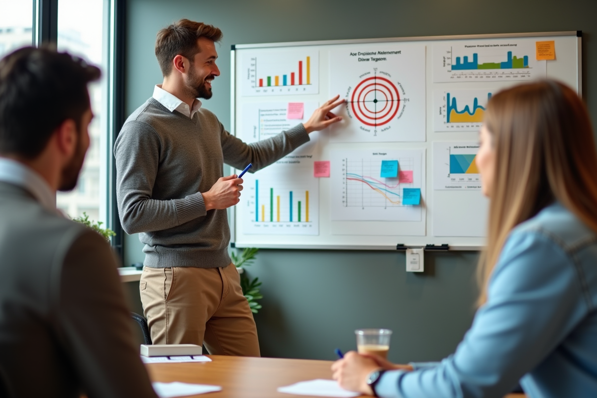 Jeune homme expliquant un diagramme avec collègues dans une salle de réunion
