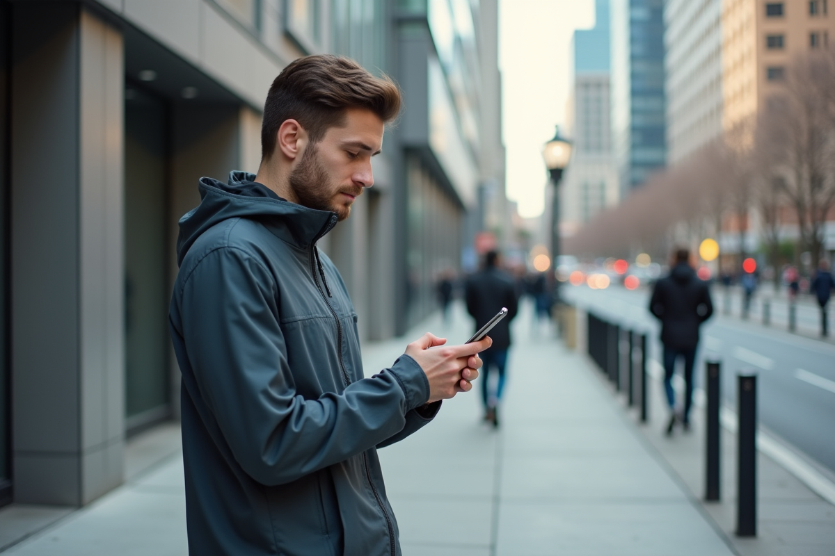 Jeune homme vérifiant ses directions en ville