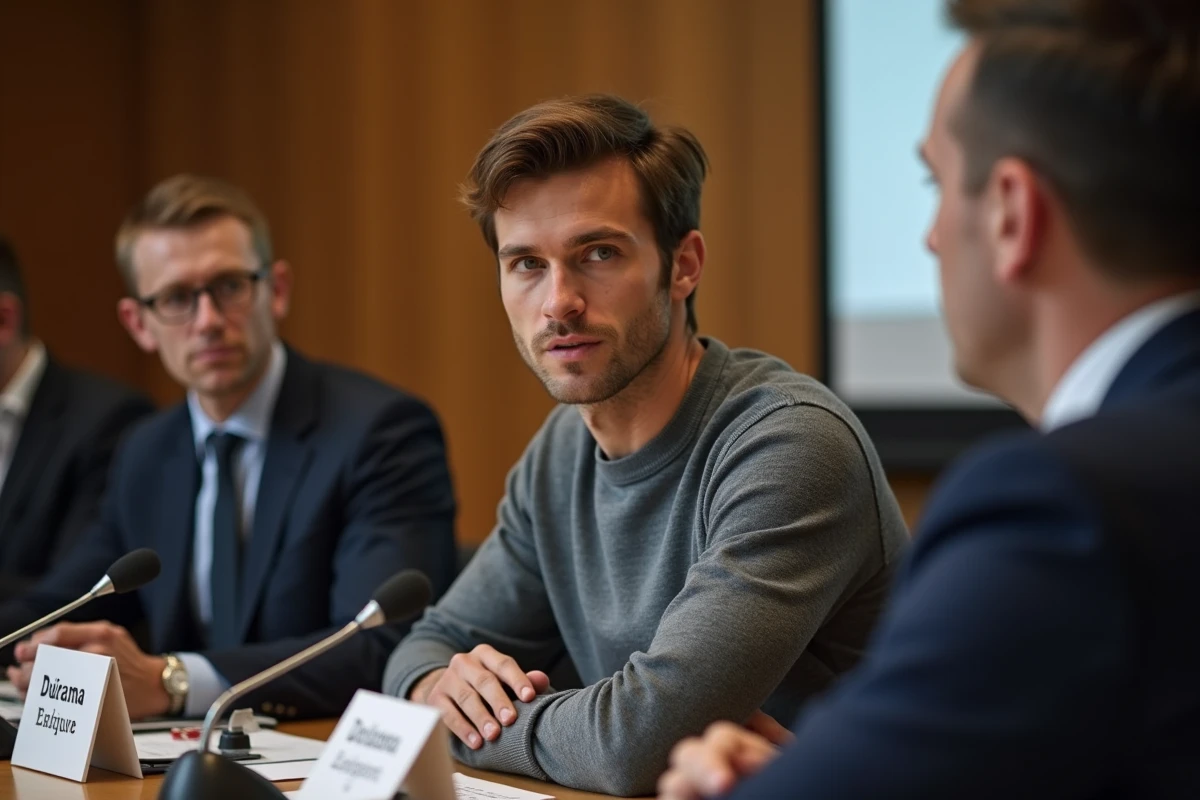 Jeune dirigeant de startup française assis lors d'un sommet tech à Paris, entouré d'autres patrons de l'industrie numérique française