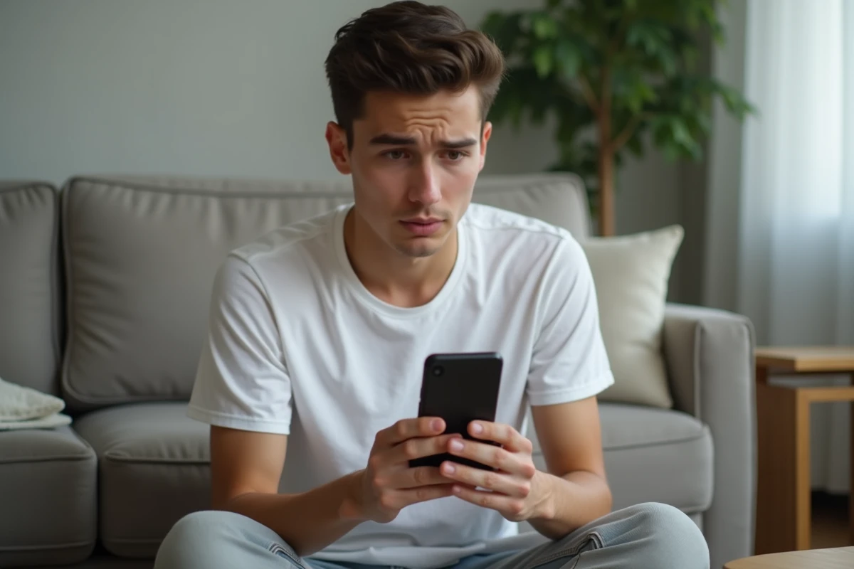 Jeune utilisateur consultant son smartphone pour résoudre un problème d'accès à son compte Bimédia depuis son salon