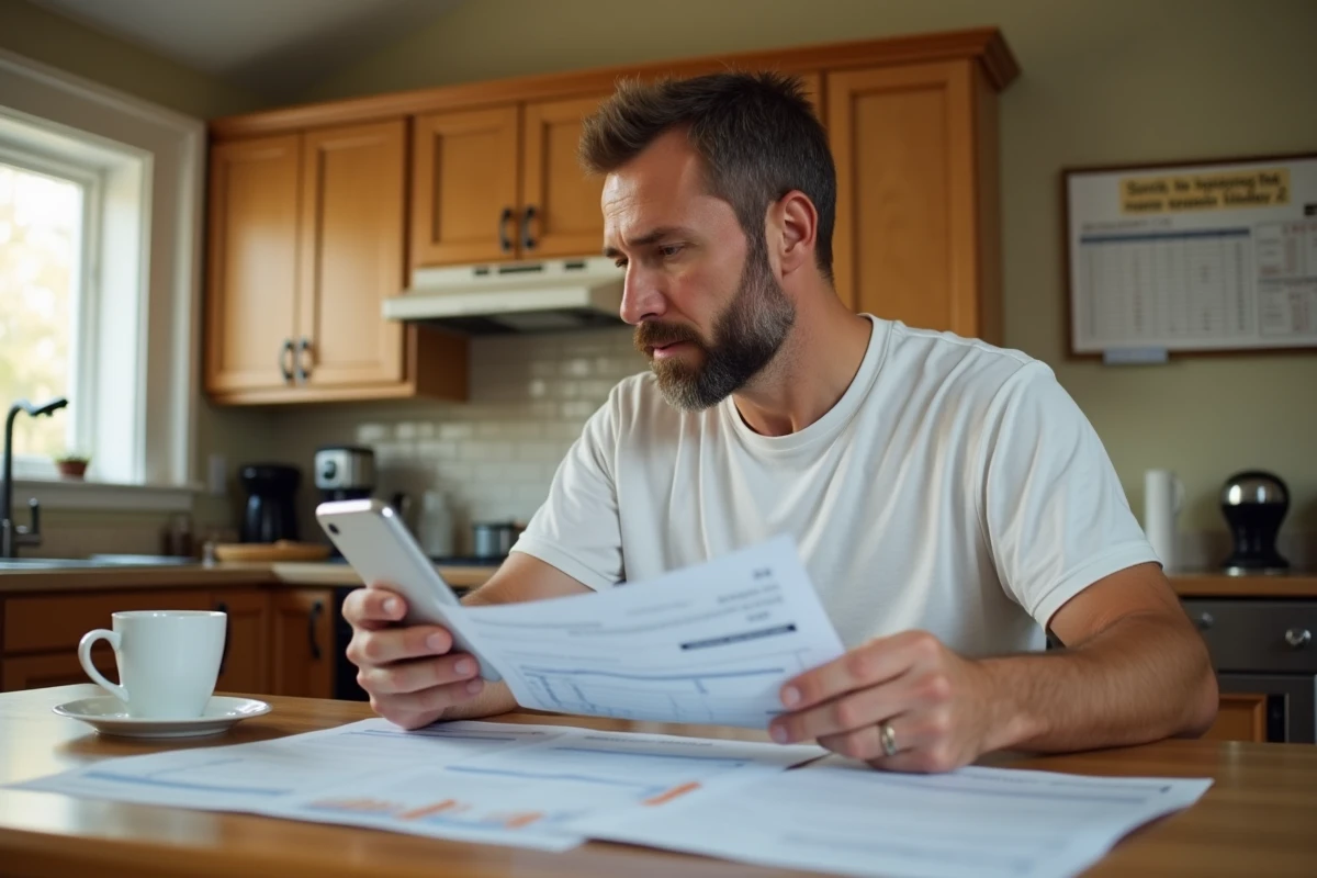 Homme indépendant livreur Amazon Flex analysant ses revenus et ses gains sur smartphone à la table de cuisine de son domicile