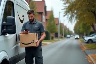 Livreur Amazon Flex indépendant scannant un colis devant son fourgon blanc dans une rue résidentielle calme