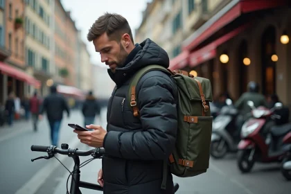 Livreur Uber Eats à vélo consultant son smartphone sur un trottoir urbain animé
