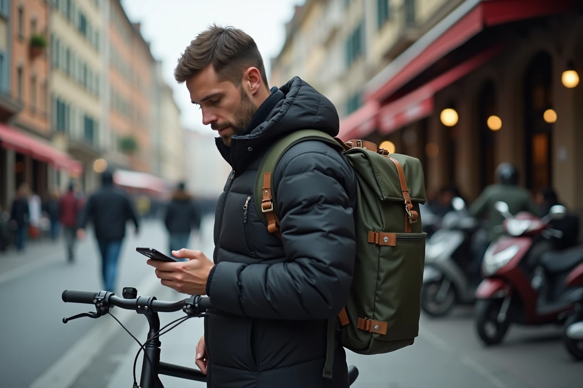Livreur Uber Eats à vélo consultant son smartphone sur un trottoir urbain animé