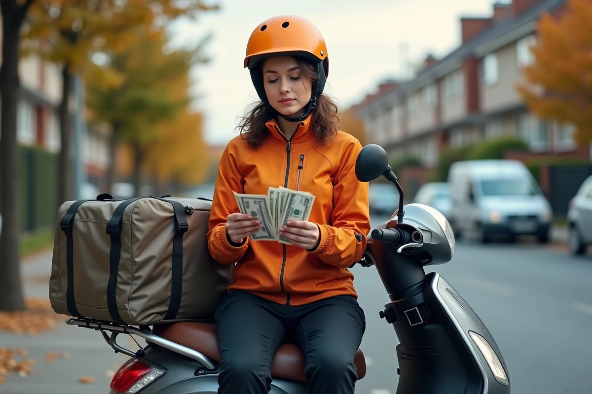 Livreuse Uber Eats en scooter comptant ses revenus dans un quartier résidentiel