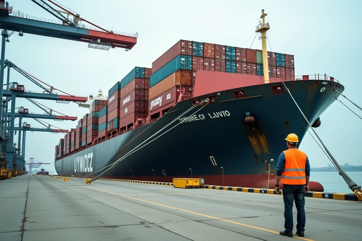 Navire porte-conteneurs amarré dans un terminal portuaire avec des grues de chargement et un agent maritime en gilet orange