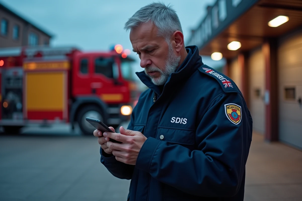 Officier du SDIS 59 consultant une application mobile de gestion des astreintes dans la cour d'une caserne de pompiers