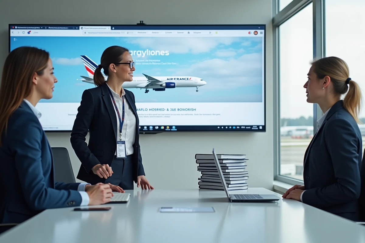 Groupe de nouveaux embauchés Air France lors d'une session d'intégration découvrant le portail Intralignes sur écran mural