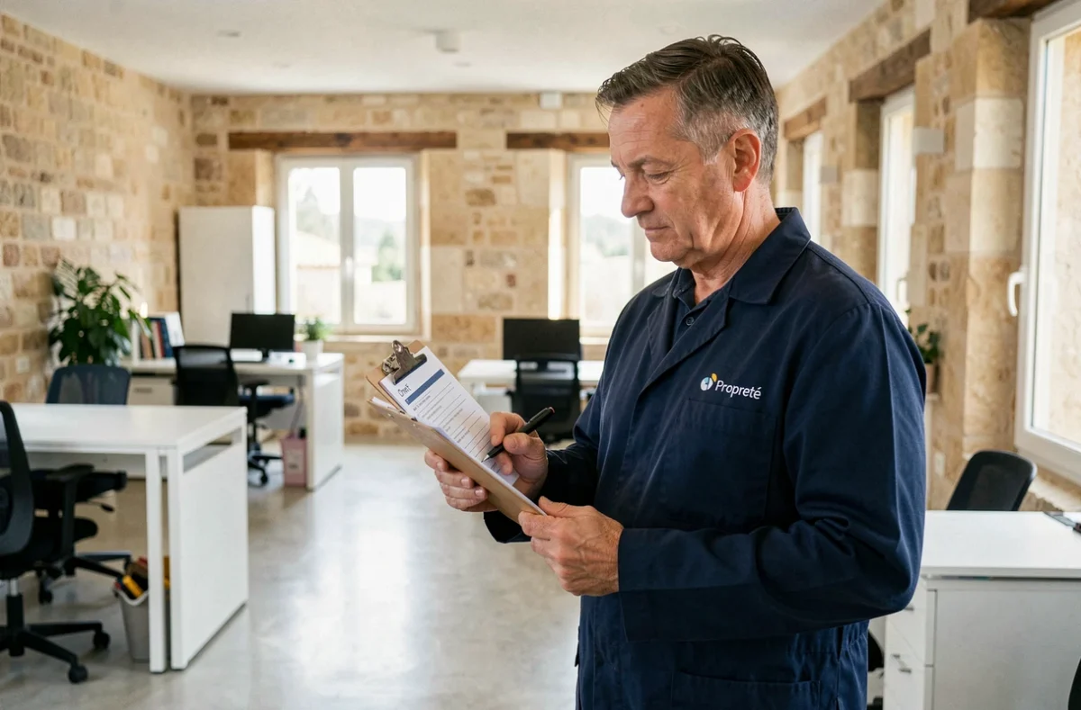 Superviseur Onet Propreté inspectant la qualité du nettoyage dans un bureau moderne à Aix-en-Provence