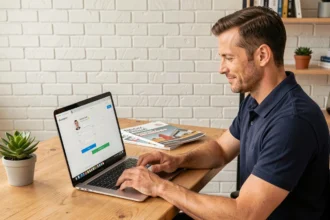 Artisan du bâtiment paramétrant son profil professionnel en ligne sur Proxichantier depuis son bureau à domicile