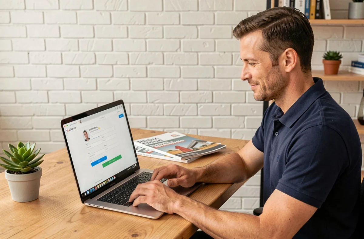 Artisan du bâtiment paramétrant son profil professionnel en ligne sur Proxichantier depuis son bureau à domicile
