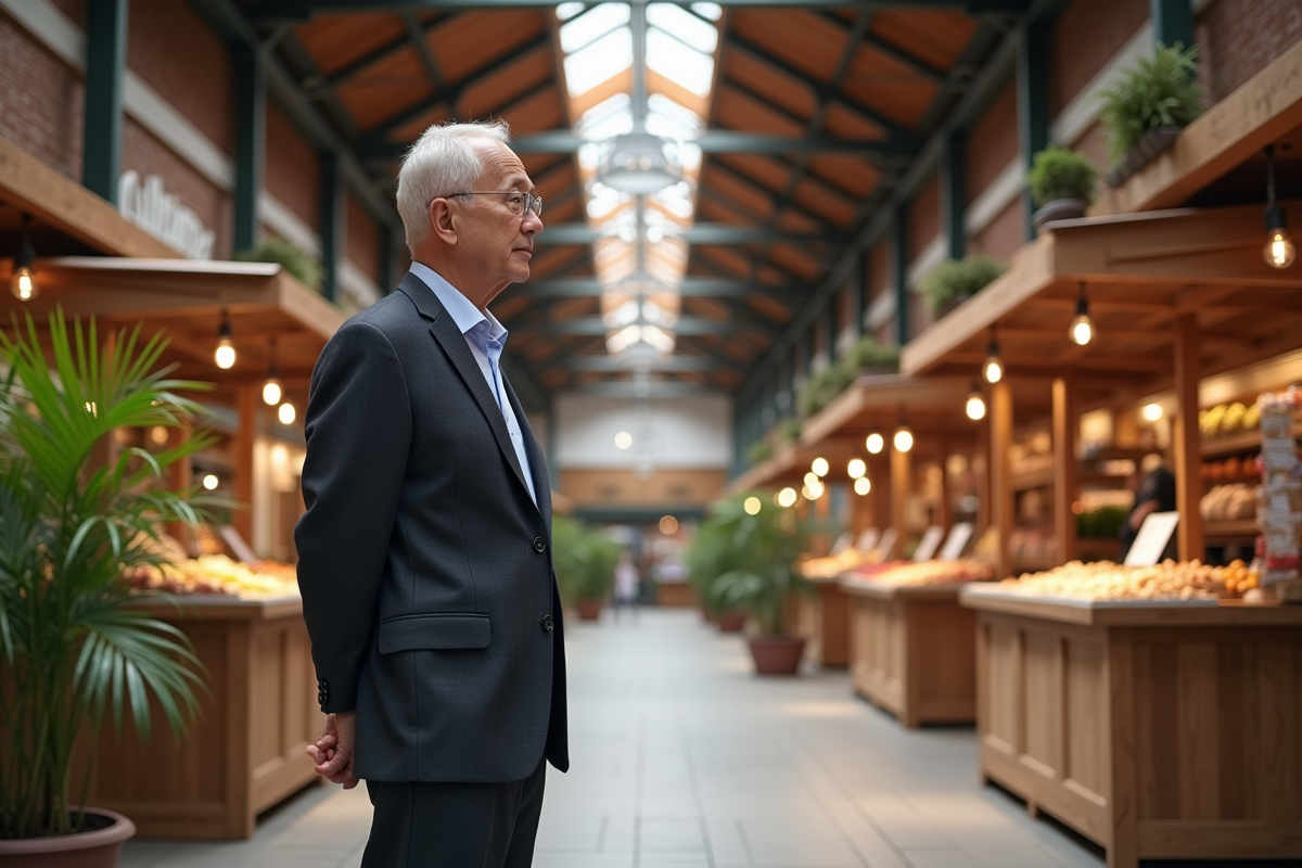 Planificateur de marché inspectant un hall de marché terminé