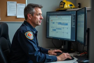 Pompier du SDIS 59 consultant un logiciel de gestion des plannings et astreintes sur un ordinateur de bureau dans une salle administrative de caserne