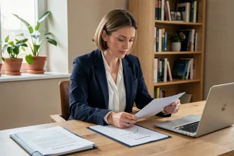 Femme professionnelle préparant son rendez-vous d'affaires avec des documents et un business plan organisé sur son bureau